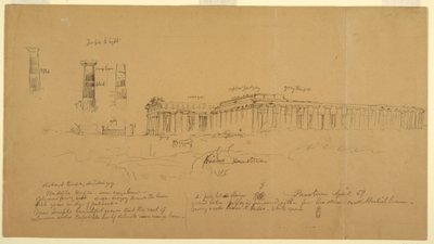 Piirustus, Athenen (entinen Ceres), Hera II:n (entinen Neptunus) ja Hera I:n (entinen Basilica) doriset kreikkalaiset temppelit, Paestum, Salerno, Italia, huhtikuu 1869. tekijältä Frederic Edwin Church