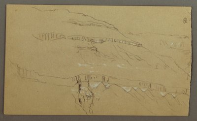 Piirros, El Jemenin laakso, Arabia: Kallioseinä, jonka yläosa muistuttaa pylväsriviä, 20. helmikuuta 1868. tekijältä Frederic Edwin Church