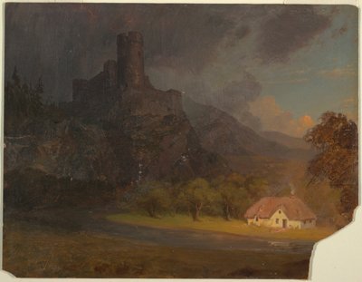 Piirustus, Englannin linna ja mökki, n. 1844. tekijältä Frederic Edwin Church