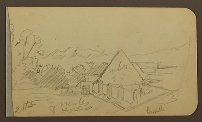 Piirros, puutarha, talo, Cuautla; Kääntöpuoli: kirkko, lato, Cuautla, helmikuu 1885. tekijältä Frederic Edwin Church