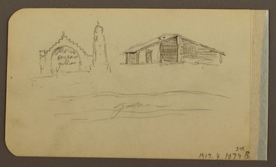 Piirros, puutarha, talo, Cuautla; Kääntöpuoli: kirkko, lato, Cuautla, helmikuu 1885. tekijältä Frederic Edwin Church