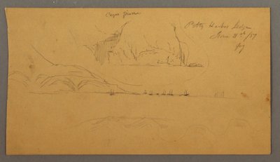 Piirros, satama, purjeveneet, vuoret, 21. kesäkuuta 1859. tekijältä Frederic Edwin Church