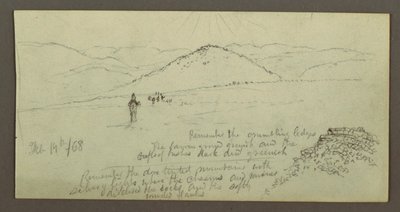 Piirros, kivikasa, tasanko ja vuoret, Sun, 19. helmikuuta 1868. tekijältä Frederic Edwin Church