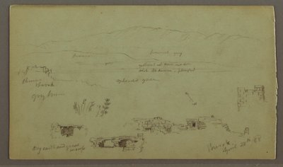 Piirros, Hill Range tasangon poikki, rauniot, 28. huhtikuuta 1868. tekijältä Frederic Edwin Church