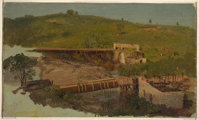 Piirros, kukkula, jolla on viadukteja ja raunioituneita myllyjä, lähellä Catskilliä, New York, n. 1865. tekijältä Frederic Edwin Church