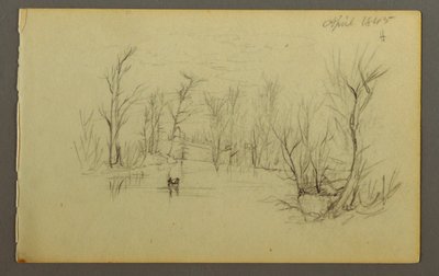 Piirros, Htakie () Pond, kaksi ihmistä kanootissa, 1845. tekijältä Frederic Edwin Church