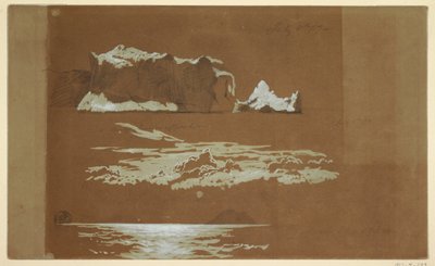 Piirros, Jäävuoria lähellä Cape St. Johnia ja Gull Islandia, Newfoundland, 4. heinäkuuta 1859. tekijältä Frederic Edwin Church