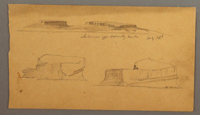 Piirros, Henlyn sataman edustalla oleva saari ja kaksi kelluvaa jäävuorta, 16. heinäkuuta 1859. tekijältä Frederic Edwin Church
