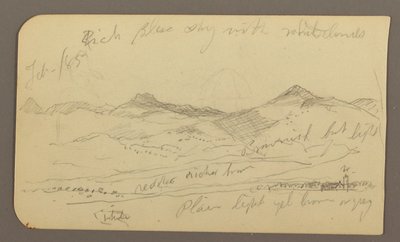 Piirros, maisema, taloja; Kääntöpuoli: puun latva, helmikuu 1885. tekijältä Frederic Edwin Church