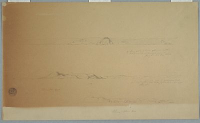 Piirros, Maisema Fogon saaren lähellä, Brimstone, Head, Change Island Rocks, 2. heinäkuuta 1869. tekijältä Frederic Edwin Church