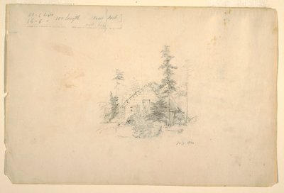 Piirros, puiden ympäröimä hirsimökki, heinäkuu 1844 tekijältä Frederic Edwin Church