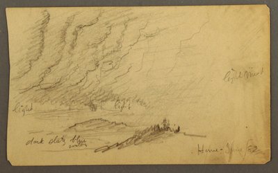 Piirros, Sumu joen ja kukkuloiden yllä, kesäkuu 1882 tekijältä Frederic Edwin Church