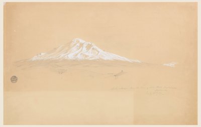 Piirros, Chimborazo-vuori vanhempi Pablo Bustamanten talosta, Riobamba, Ecuador, 14. heinäkuuta 1857. tekijältä Frederic Edwin Church