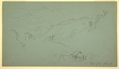 Piirros, vuoristomaisema, talo, "Jorjen lähellä", Ecuador, kesäkuu 1857. tekijältä Frederic Edwin Church