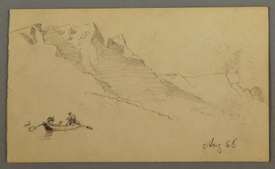 Piirros, Vuorenhuiput, kaksi hahmoa soutuveneessä, elokuu 1868. tekijältä Frederic Edwin Church