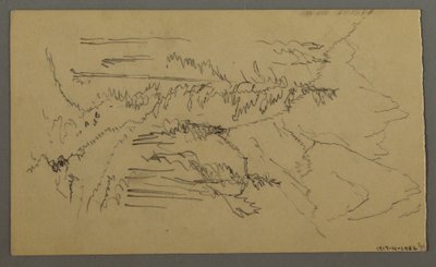 Piirros, Vuorenhuiput, kaksi hahmoa soutuveneessä, elokuu 1868. tekijältä Frederic Edwin Church