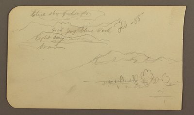 Piirros, Vuoristoalueet, Cuautla, kirkko; Kääntöpuoli: Kyyhöttävä hevonen, maisemamerkintöjä, helmikuu 1885. tekijältä Frederic Edwin Church