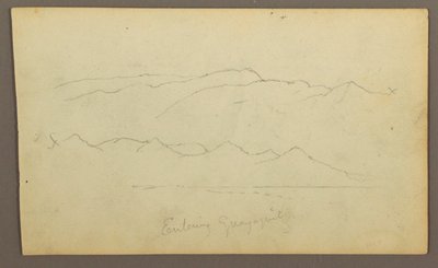 Piirros, Vuoristoalueet "Guayaquiliin tultaessa"; Kääntöpuoli: Jokiranta, kasvitieteellisiä luonnoksia, mahdollisesti 1857. tekijältä Frederic Edwin Church