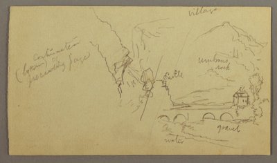 Piirros, Vuorilaakso, silta, rakennuksia, mahdollisesti 1868-69 tekijältä Frederic Edwin Church
