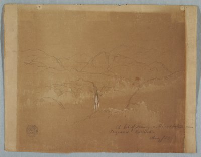 Piirros, Vuoristomaisema vesiputouksen kanssa, lähellä Tuquerresia, Kolumbia, elokuu 1853. tekijältä Frederic Edwin Church