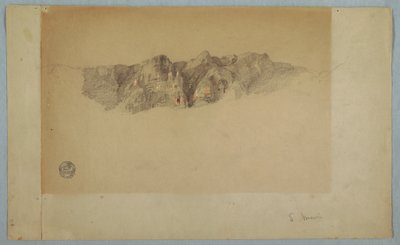Piirros, osa repeytynyttä vuorijonoa, luultavasti Ecuador tai Kolumbia, 1853 tai 1857. tekijältä Frederic Edwin Church