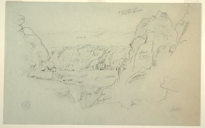 Piirros, Petra, Jordania lännestä, jossa näkyy palatsi ja korinttilaiset haudat, 26. helmikuuta 1868. tekijältä Frederic Edwin Church