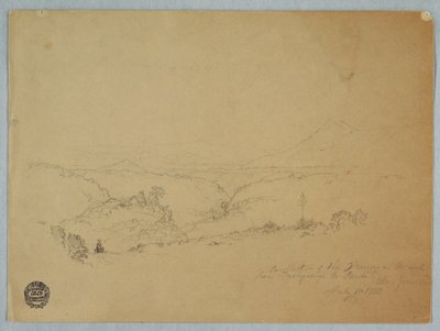 Piirros, Muistelu maisemista tiellä Fusugasugasta Pandiin, New Granda, Kolumbia, 11. heinäkuuta 1853. tekijältä Frederic Edwin Church