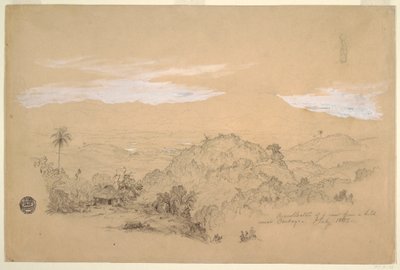 Piirros, Muistoja näkymästä kukkulalta lähellä Cartagoa, Kolumbia, jossa nainen kantaa vesipurkkia päässään, heinäkuu 1853. tekijältä Frederic Edwin Church