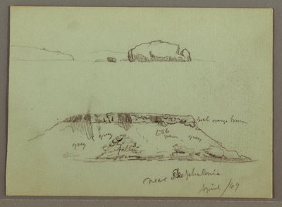 Piirros, Rantaviivan edessä olevat kalliot, Kalliokalliot rantaviivan varrella, huhtikuu 1869. tekijältä Frederic Edwin Church