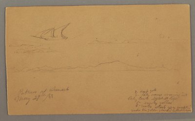 Piirros, purjelaiva, vuoristoista rannikkoa, saaret, 29. toukokuuta 1868. tekijältä Frederic Edwin Church