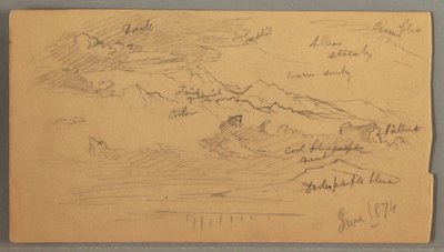 Piirros, Terävät vuorenhuiput, pilvinen taivas, kesäkuu 1874 tekijältä Frederic Edwin Church