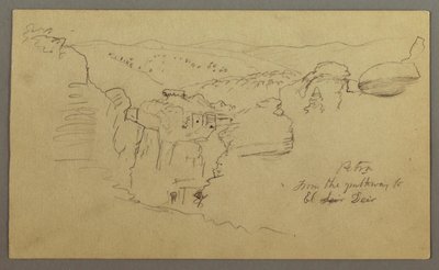Piirustus, luonnos. Näkymä Khirbet en Wasaraan "Petra / El Deiriin johtavalta tieltä", mahdollisesti 1868, 26.2. tekijältä Frederic Edwin Church