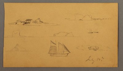 Piirros, Luonnoksia Labradorista, mahdollisesti 14. heinäkuuta 1859. tekijältä Frederic Edwin Church