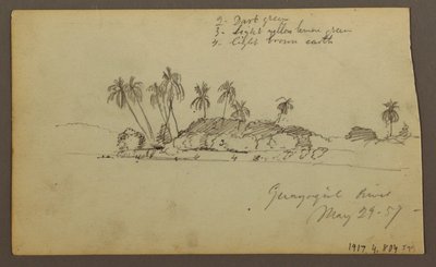 Piirros, Taivas meren yllä; Kääntöpuoli: Guayas-joen ranta lähellä Guayaquilia, Ecuador, 29. toukokuuta 1857. tekijältä Frederic Edwin Church