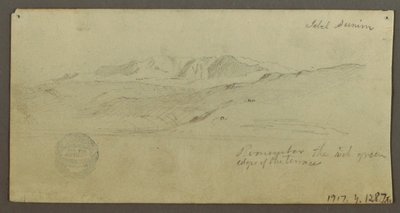 Piirros, ylhäiskoti, ratsastava hahmo, kameli, arkkitehtonisia opintoja, palmu, mahdollisesti 1868 tekijältä Frederic Edwin Church