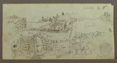 Piirros, kivirakennus, miehiä katolla, 17. helmikuuta, mahdollisesti 1868. tekijältä Frederic Edwin Church