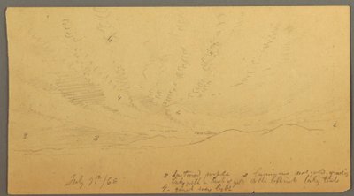 Piirros, Auringonlasku kukkuloiden yllä, 9. heinäkuuta 1866. tekijältä Frederic Edwin Church