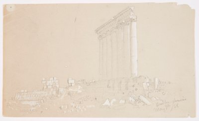 Piirros, Jupiterin temppeli auringonnousussa, Baalbek, 7. toukokuuta 1868. tekijältä Frederic Edwin Church