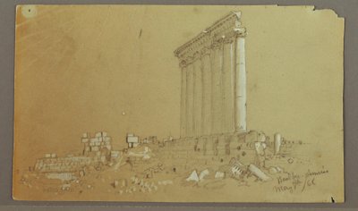 Piirros, Jupiterin temppeli auringonnousussa, Baalbek, 7. toukokuuta 1868. tekijältä Frederic Edwin Church