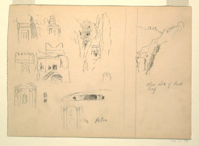 Piirustus, Kymmenen hautakammiotutkimusta ja näkymä kallioihin, Petra, Jordania, 26. helmikuuta 1868. tekijältä Frederic Edwin Church