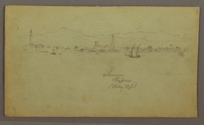 Piirros, Kaupunki rannikolla, vuoristo takana, 27. toukokuuta 1868. tekijältä Frederic Edwin Church
