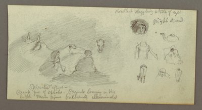 Piirros, Kaksi hahmoa ja kaksi kamelia nuotion äärellä, Figure and Camel Studies, mahdollisesti 1868. tekijältä Frederic Edwin Church