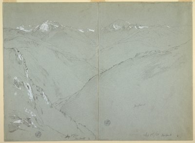 Piirros, Laaksomaisema lumihuippuineen, Bernin Alpit, Sveitsi, osa 1, 1. syyskuuta 1868. tekijältä Frederic Edwin Church