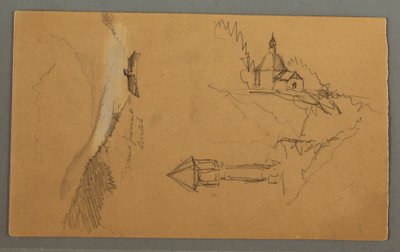 Piirros, laakso, torni, kirkko, mahdollisesti 1868 tekijältä Frederic Edwin Church