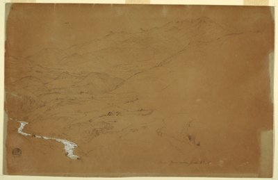 Piirros, laakso, jossa on puro ja taloja, lähellä Guarandaa, Ecuador, 4. kesäkuuta 1857. tekijältä Frederic Edwin Church