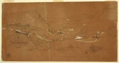 Piirros, laakso, jossa on silta ja taloja, lähellä Guarandaa, Ecuador, 5. kesäkuuta 1857. tekijältä Frederic Edwin Church