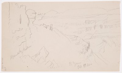 Piirros, Näkymä kukkuloiden ja tasangon yli kohti vuoria, El Jemenin laakso, helmikuu 1868. tekijältä Frederic Edwin Church
