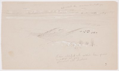Piirros, Näkymä kukkuloiden ja tasangon yli kohti vuoria, El Jemenin laakso, helmikuu 1868. tekijältä Frederic Edwin Church