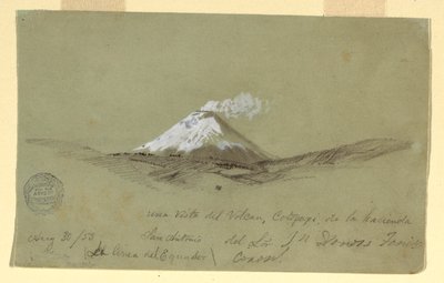 Piirros, Näkymä Cotapaxille Hacienda San Antoniolta, Ecuador, 30. elokuuta 1853. tekijältä Frederic Edwin Church