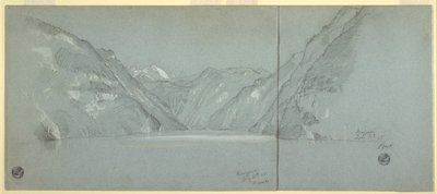 Piirros, Näkymä Konigssee-järvelle ja Falkensteinille, lähellä Berchtesgadenia, Baijeri, Saksa, osa 2, 11. heinäkuuta 1868. tekijältä Frederic Edwin Church
